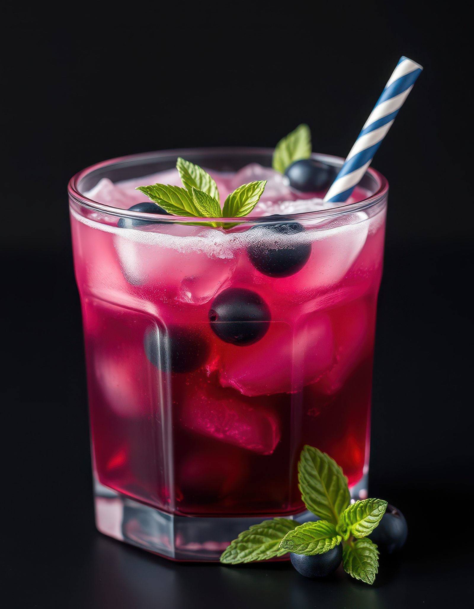 Refreshing berry beverage with mint and ice served in a clear glass with a striped straw